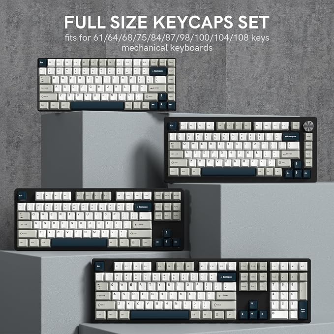 PBT Keycaps Set, Doubleshot 137 Key Caps,Cherry Profile Custom Keycap for 61/64/68/84/87/100/104/108 Mechanical Keyboard, Compatiability for 60 65 75 100 Percent Keyboads (White Grey Blue)
