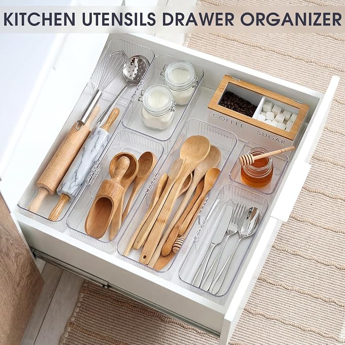Aneco 20 Pieces Extendable Clear Drawer Organizer Adjustable Vanity Storage Box 4-Size Desk Drawer Divider Acrylic Storage Bins for Makeup, Cosmetic, Jewelries, Bedroom Kitchen Utensils Gadgets