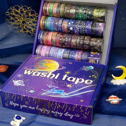Ieebee 52 Rolls Washi Tape Set, Gold Foil Galaxy Washi Tape for Journaling Supplies, 4 Size Washi Tapes for Scrapbooking, DIY Journal Set, Craft, Gift Wrapping, Painting