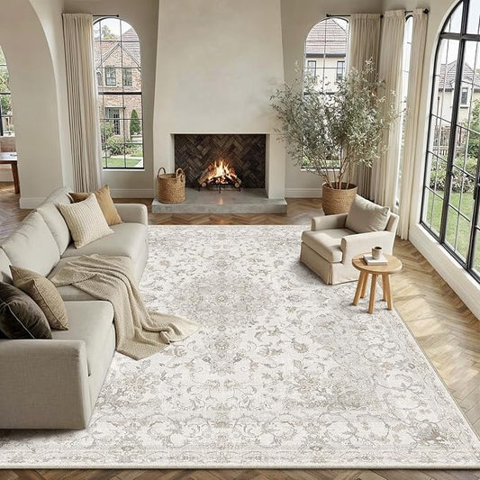 HUGEAR Area Rug 8x10 Vintage Beige Machine Washable Living Room Rugs Thin Neutral Floral Vacuumable Low Pile Carpet Bedroom Office Dining Room Laundry Room Non Slip Soft Lightweight