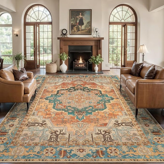 Tangsoo 6x9 Area Rug Washable Rugs for Living Room, Vintage Indoor Non Slip Large Area Rugs, Print Distressed Orange Carpet, Oriental Soft Low Pile Foldable Floor Rug for Bedroom Dining Room