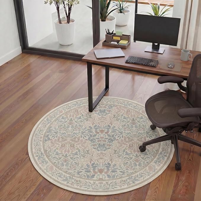 Office Chair Mat for Hardwood Tile Floor, Under Desk Carpet Protector for Rolling Computer Chair Mat, Round Washable Rugs 5ft Circle Area Rug, Anti-Slip 1/5" Thick Low Pile Thin Floor Mat, Beige Pink