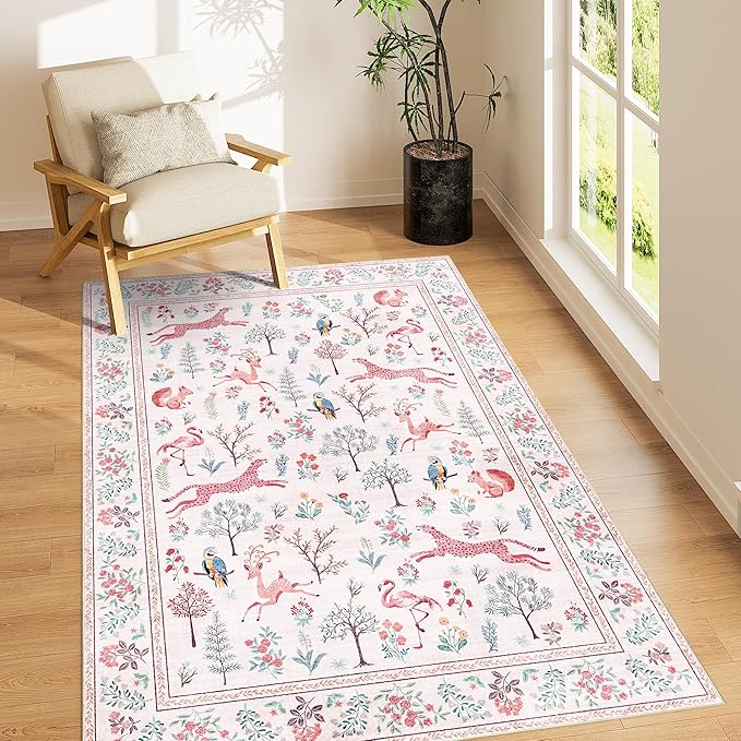 DUKINO 4x6 Rug, Washable Animal Area Rug with Non Slip Vintage Design, Indoor Soft Low Pile Carpet for Bedroom, Nursery, Dining Room, Farmhouse, Playroom, Pink