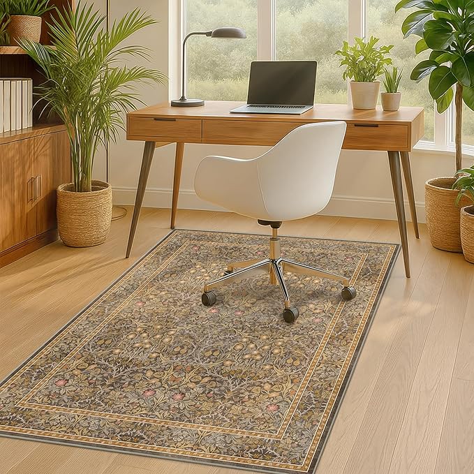 Vintage Brown Office Rugs for Rolling Chairs, 36"x48" Home Office Rug for Computer Gaming Chair, Low Pile, Slip-Resistant and Ultra Soft Area Rug for Protecting Floors, Boho Taupe Floral Design