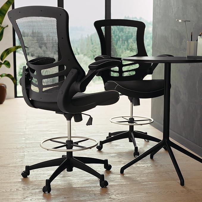 Flash Furniture Kelista Mid-Back Swivel Office Chair with Adjustable LeatherSoft Seat Height, Ergonomic Mesh Chair with Flip-Up Arms, Black | Leather soft Seat, Mid-Back, Flip-Up Arms, Mesh Back, Adjustable Foot Ring