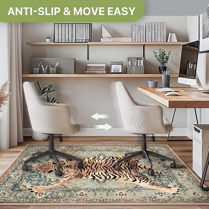 36"x60" Office Chair Mat for Hardwood Tile Floor, Under Desk Carpet Protector for Rolling Computer Chair Mat, Machine Washable Area Rug, Anti-Slip 1/5" Thick Low Pile Thin Vinyl Floor Mat, Tiger Green