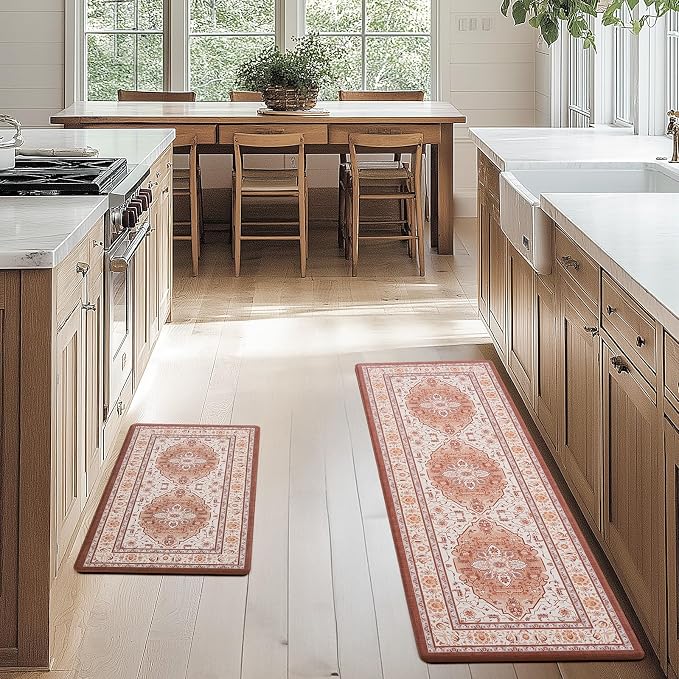 FRESHMINT Medallion Kitchen Mat Set 2 Piece, 17x30''+17x47'', Neutral Clay | Anti-Fatigue, Non Slip, Comfort, Kitchen Decor, Easy to Clean, Waterproof, Perfect for Kitchen, Laundry, Office