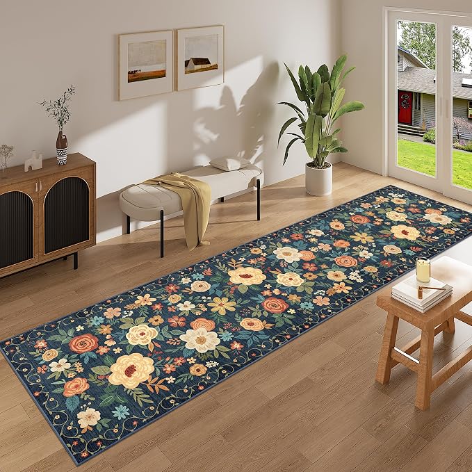 DUKINO 2.6x12 Kitchen Runner Rug, Lightweight Floral Washable Rug for Hallway, Boho Low Pile & Non Slip Backing Soft Floor Carpet for Entryway, Bedroom, Bathroom, Laundry, Navy Blue