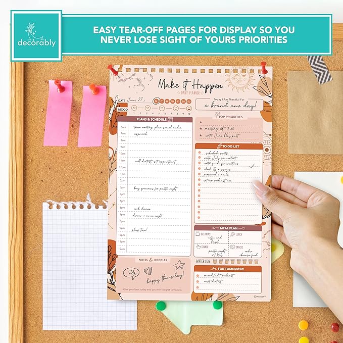 Decorably 52 Sheets Boho Celestial Undated Daily to Do List Notepad - 6.5x10" Spring-Bound Planner, Easy Tear-Off, for Schedule, Priorities, Agenda, Water Intake, Meals, Notes & Doodles - Home, Office