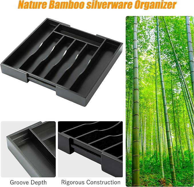 Black Silverware Organizer Kitchen Drawer Organizer Expandable Bamboo Utensil Holder Cutlery Tray for Kitchen Utensil and Flatware Bedroom Office