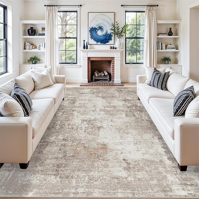 Washable 7x10 Area Rug for Living Room– Soft Non-Slip Carpet for Bedroom Dining Room,Modern Neutral Abstract Low Pile Stain-Resistant (Beige Grey)