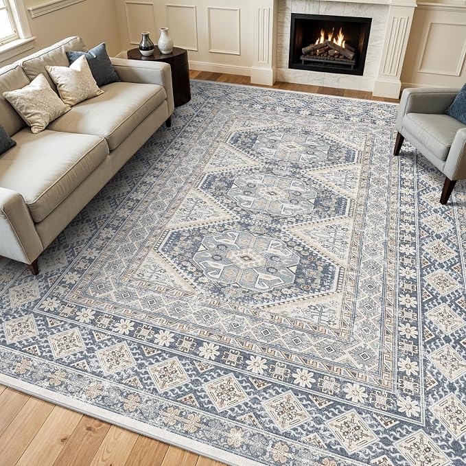 12x15 Area Rug for Living Room: Vintage Oriental Washable Rug for Bedroom Dining Room with Non Slip Rubber Backing Stain Resistant Low Pile Large Carpet Home Office (Blue, 12x15)