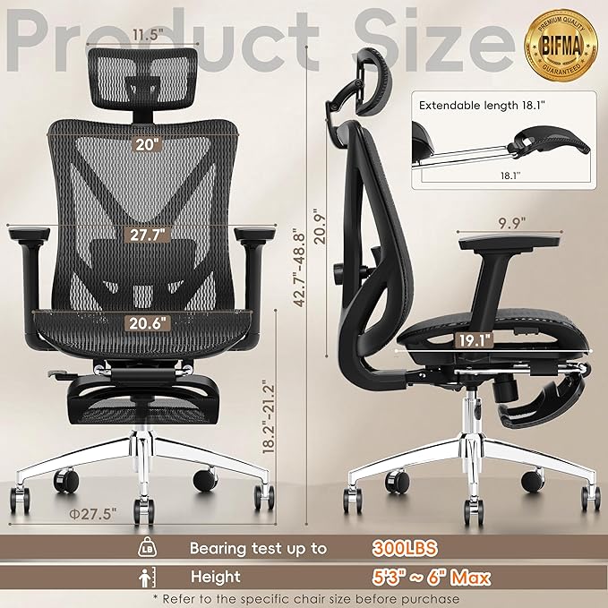 GABRYLLY Ergonomic Office Chair with Footrest, 135° Reclining Desk Chair with Adjustable Lumbar Support,3D Armrest,Headrest & Large Steel Base, 300LBS Heavy Duty Mesh Chair