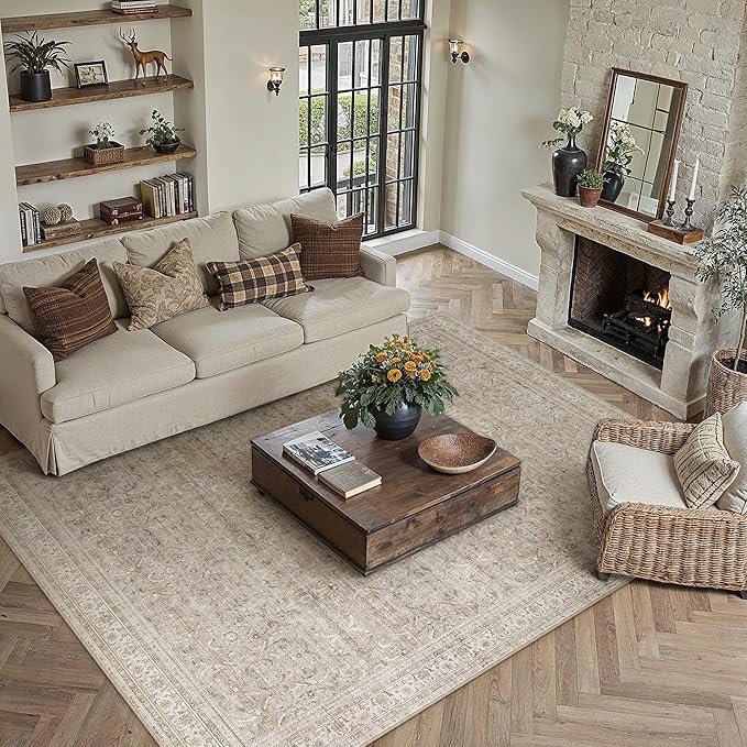 HUGEAR Area Rug 9x12 Vintage Beige Machine Washable Living Room Rugs Distressed Retro Floral Vacuumable Low Pile Carpet Bedroom Office Dining Room Laundry Room Non Slip Soft Lightweight