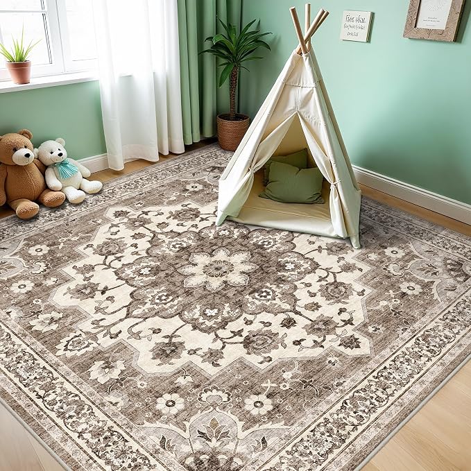 TOPRUUG Washable 6x6 Rug Square - Ultra Soft Living Room Area Rug Under Sofa Non-Slip Rugs for Bedroom Dining Room - Stain Resistant Farmhouse Decor for Family with Pets & Kids (Beige, 6x6)