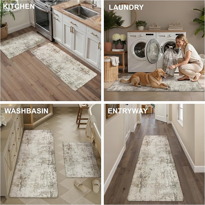 Kitchen Mats for Floor Set of 2 Anti Fatigue Waterproof Kitchen Rug Brown Grey Abstract Cushioned Non-Slip Kitchen Mats Comfort Standing Neutral Mat for Sink Laundry Office 17.3"×47"+17.3"×30"