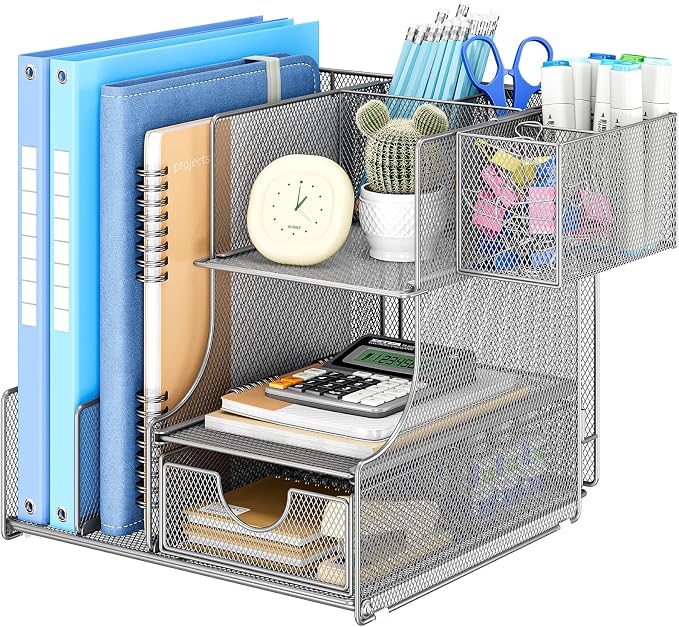 Lavatino Desk Organizer – 4-in-1 Silver Mesh Office Supplies Organizer with Pen Holder, File Holder, Desktop Tray, and Drawer for Home, Office, Classroom