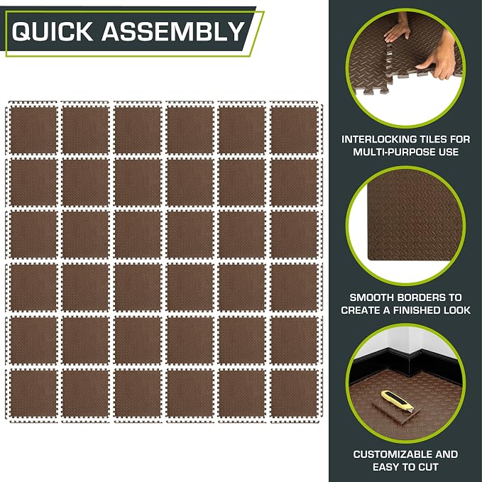 ProsourceFit Exercise Puzzle Mat 1/2-inch, EVA Interlocking Foam Floor Tiles for Home Gym, Workout Equipment, Kids Play Areas, Brown, 144 Sq Ft - 36 Tiles