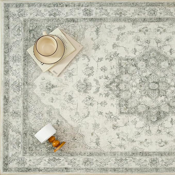PureCozy Green Area Rug 4x6 Washable Vintage Carpet Entryway Office Soft Retro Kitchen Low Pile Thin Door Mat Non Slip Oriental Medallion Throw Small Rug for Bathroom Bedroom Dining Living Room