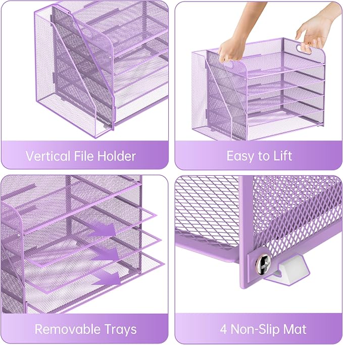 5-Tier Desk Organizer with File Holder, Paper Organizer for Desk, Purple | 5 Letter Trays and Vertical File Holder with Metal Mesh Frame for Papers Folders Books and Mail in Office Home or School