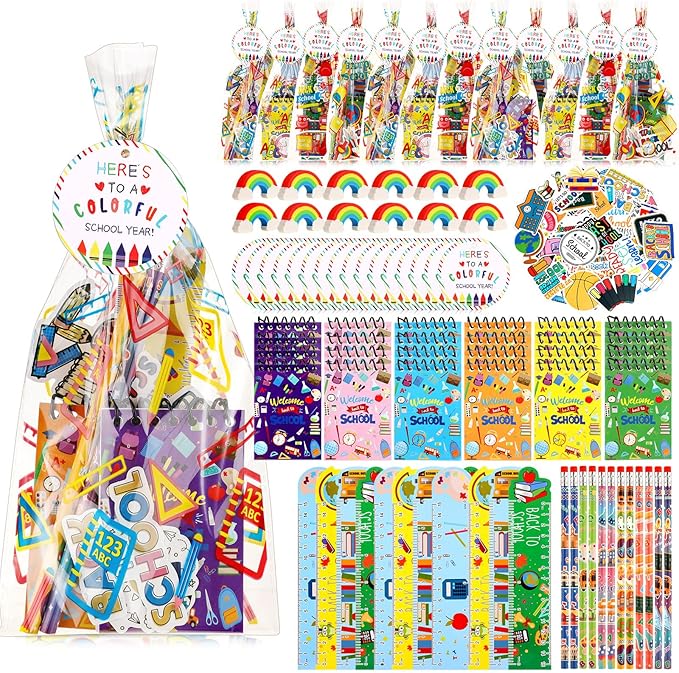 Kolldenn 24 Set Back to School Stationery Set for Students, First Day of School Treat Bags Mini Notebook Pencil Ruler Eraser Sticker Welcome to Schools Gifts for Classroom Gifts Goodie Bags Fillers