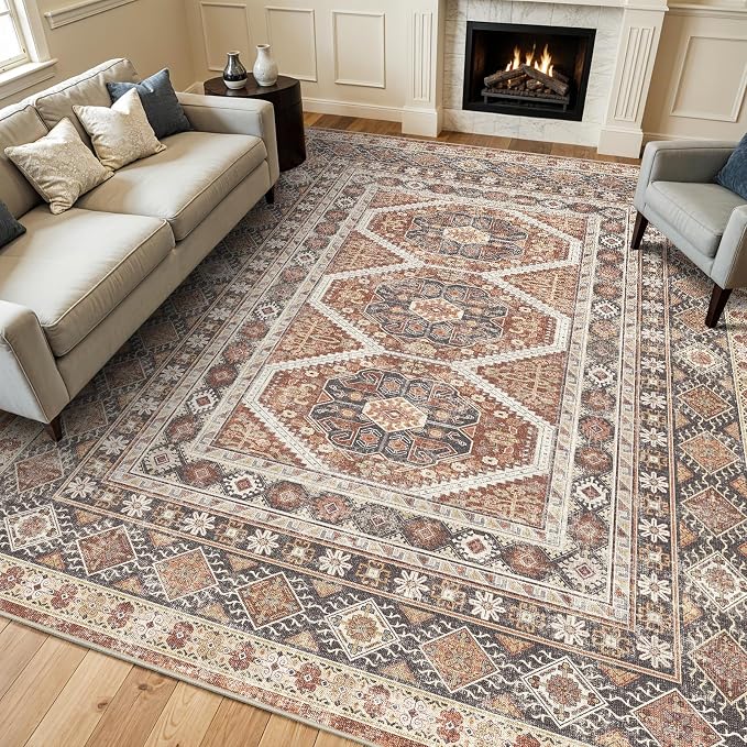 12x15 Area Rug for Living Room: Vintage Oriental Washable Rug for Bedroom Dining Room with Non Slip Rubber Backing Stain Resistant Low Pile Large Carpet Home Office (Brick, 12x15)