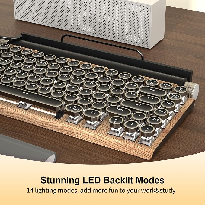 Retro Typewriter Keyboard, Wireless Mechanical Gaming Keyboard, 83-Key Hot Swap Blue Switches Punk Keycap Office Computer Vintage Keyboards with USB-C/BT5.0 for PC/Laptop/Pad/Phone, LED Backlit, Wood