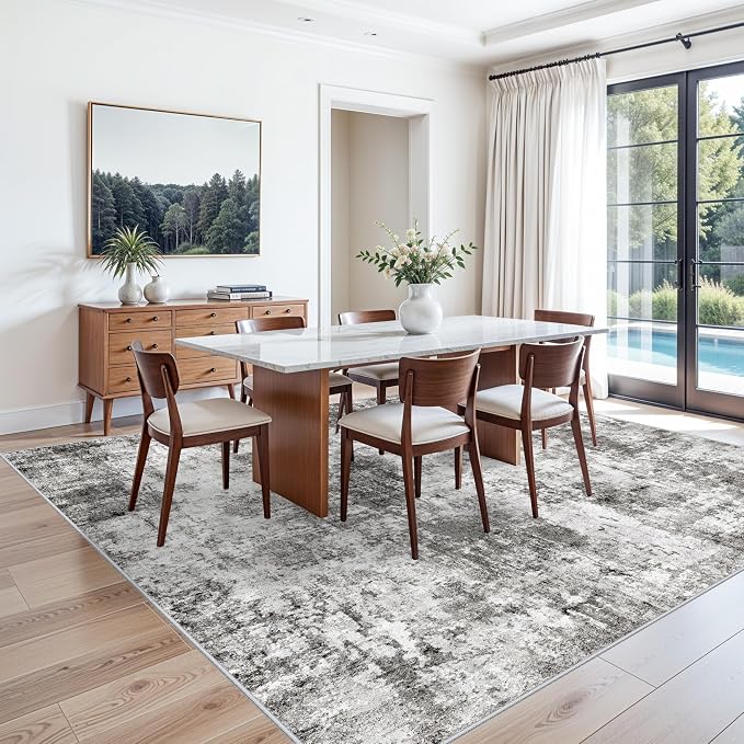 8x8 Square Area Rug Living Room – Non-Slip Washable Large Floor Carpet for Bedroom Dining Room Playroom Room – Modern Abstract Neutral Thin Low-Pile Big Indoor Rug (Grey)