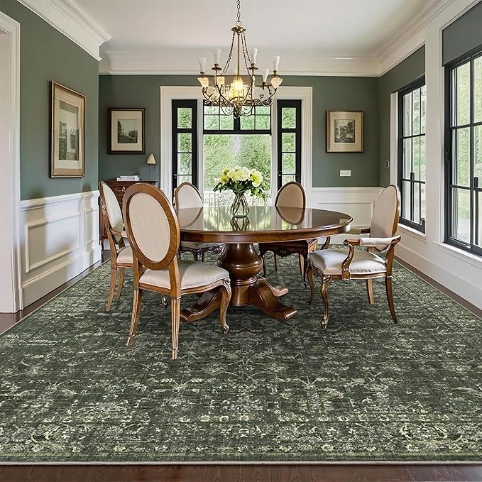 10x12 Green Washable Area Rugs for Living Room Vintage Boho Non Slip Large Rug Distressed Floral Carpet Indoor Retro Soft Low Pile Farmhouse Throw Rug for Bedroom Dining Nursery Office