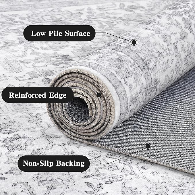 8x10 Gray Washable Area Rugs for Living Room Non Slip Low Pile Vintage Boho Throw Rug Soft Retro Distressed Floral Large Carpet Indoor Farmhouse Decor for Bedroom Dining Room Office Kitchen Playroom