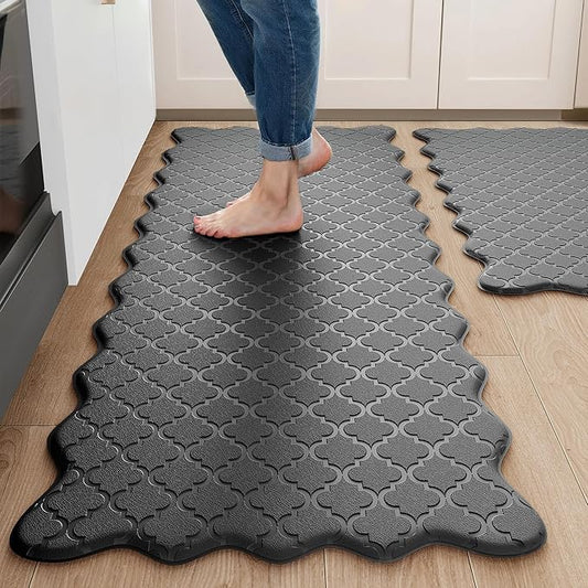 Upgrade Scalloped Embossed Kitchen Mats for Floor 2PCS Cushioned Anti Fatigue Waterproof Foam Kitchen Rugs Non Slip Washable Comfort Standing Mat for Sink Laundry, 17.3"x30"+17.3"x59", Black
