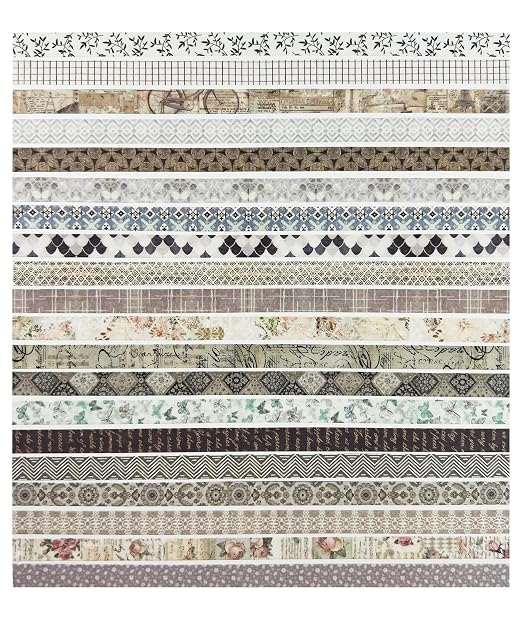 Basic Skinny Washi Tape Set 20 Rolls- Retro Antique Patterns Masking Thin Decorative Tapes for Arts, DIY Crafts, Bullet Journal, Planners, Scrapbook Decor, Gift Wrapping, Junk Journal