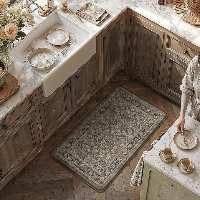 17.3"x30" Dark Brown Vintage Kitchen Mat Set | Washable, Anti Fatigue, Non Slip, Soft, Vintage, Floral, Distressed, Farmhouse, for Sink Entryway Bathroom Laundry