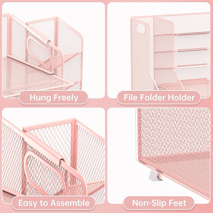 Desk Organizer with 5 Tier File Holder and Sliding Drawer Pen Holder Pink | Paper Letter Tray with 3 Tilted File Sorters to Keep Desk Accessories and Office Supplies within Reach
