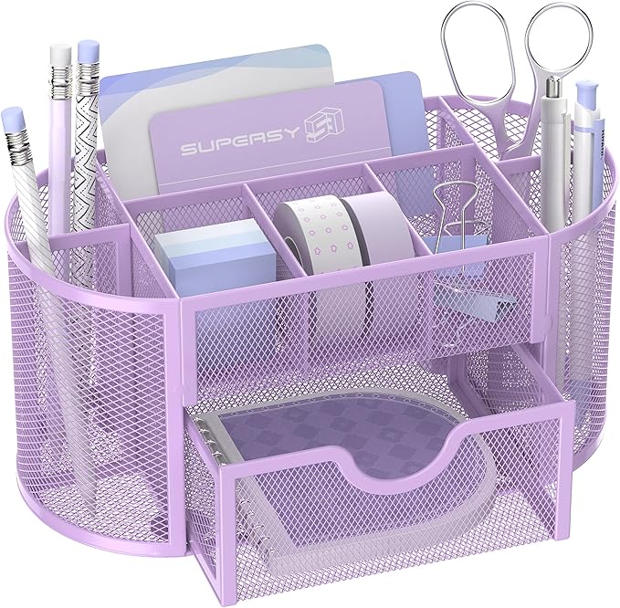 SUPEASY Mesh Desk Organizer, Desk Accessories & Workspace Organizers with Drawers, Pencil Holder for Desk with 9 Compartments for Office Suppliess, School, Classroom, 8.6 x 4.3 x 4.1 Inch, Purple