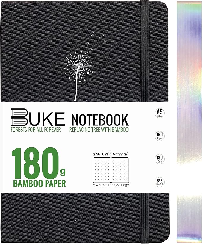 BUKE Dot Grid Notebook Dotted Journal,180Gsm Bamboo White Paper, 5 * 5MM Dots 160 Pages, Lay Flat Binding,Colored Silver Edges, Bookmarks and Expandable Back Pocket Dandelion