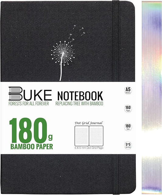 BUKE Dot Grid Notebook Dotted Journal,180Gsm Bamboo White Paper, 5 * 5MM Dots 160 Pages, Lay Flat Binding,Colored Silver Edges, Bookmarks and Expandable Back Pocket Dandelion