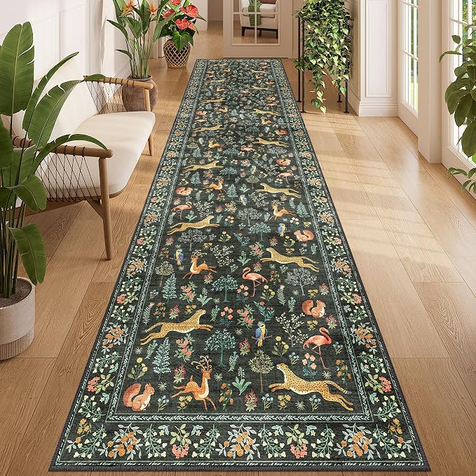 DUKINO 3x12 Runner Rug, Non Slip Animal Print Runner Rug for Hallway, Vintage Low Pile & Stain Resistant Soft Indoor Long Carpet Runner for Kitchen, Bathroom, Laundry, Bedroom, Black