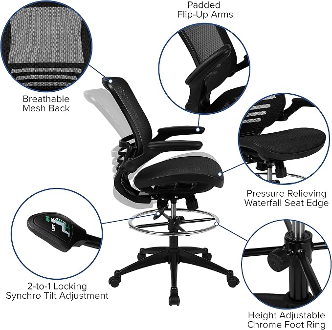 Flash Furniture Waylon Mid-Back Swivel Office Chair with Adjustable Foot Ring and Seat Height, Ergonomic Executive Chair with Armrests, Black