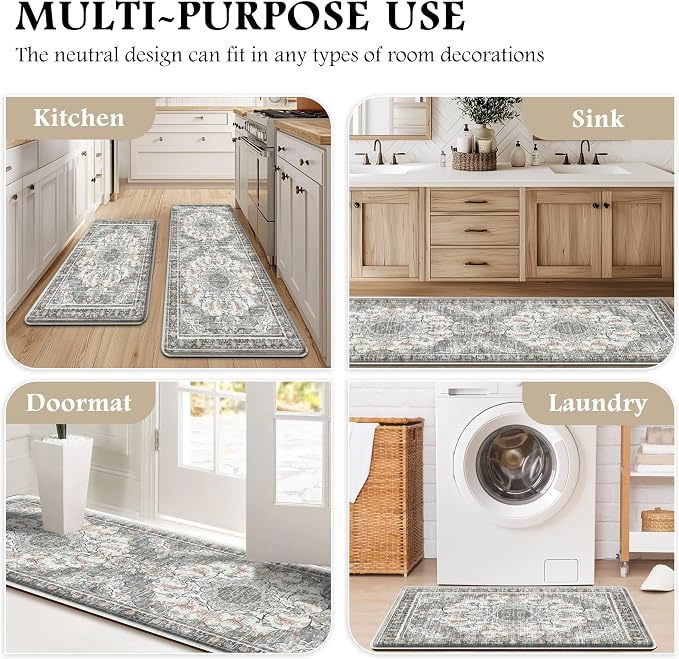 Boho Kitchen Mats for Floor 2 Piece Set Anti Fatigue Cushioned PVC Kitchen Rugs Non Slip Waterproof Farmhouse Mats 2/5 Inch Comfort Standing Mat for Sink, Laundry, 17.3"x47"+17.3"x28", Beige Grey