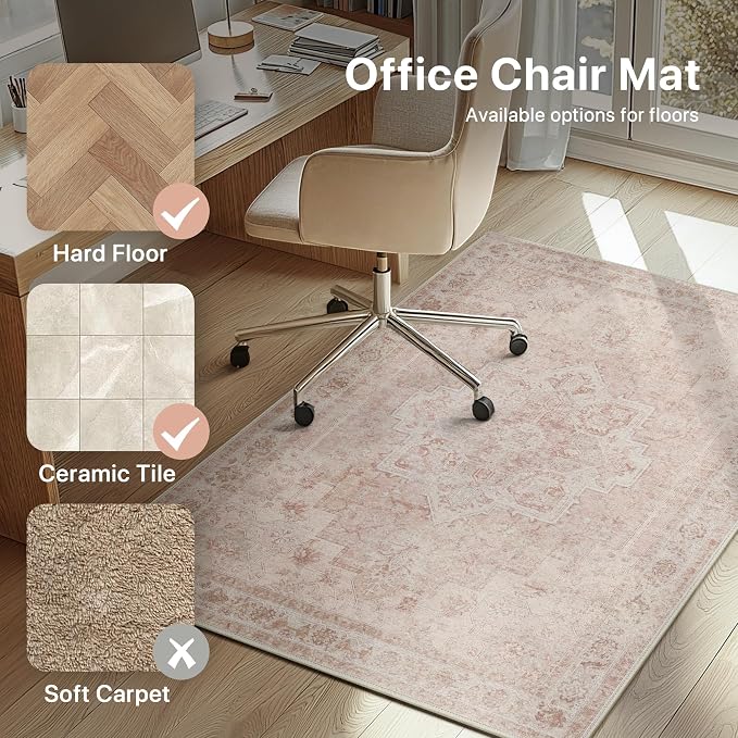 48"x72" Office Chair Mat for Hardwood Tile Floor, Under Desk Carpet Protector for Rolling Computer Chair Mat, Machine Washable Area Rug, Anti-Slip 1/5" Thick Low Pile Thin Vinyl Floor Mat, Light Pink