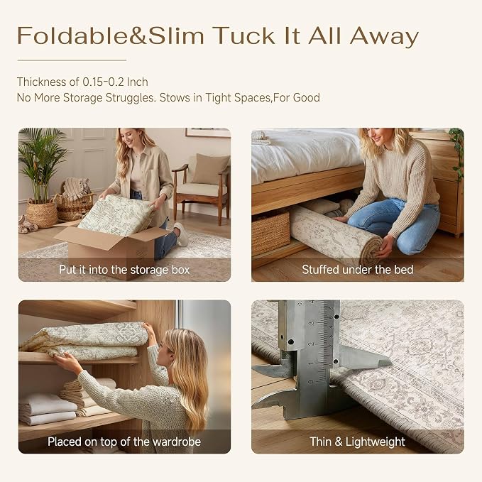 HUGEAR 2x8 Runner Rug Hallway Vintage Beige Machine Washable Neutral Floral Low Pile Carpet Vacuumable Thin Long Throw Rug Bedroom Office Bathroom Kitchen Laundry Non Slip Soft Lightweight