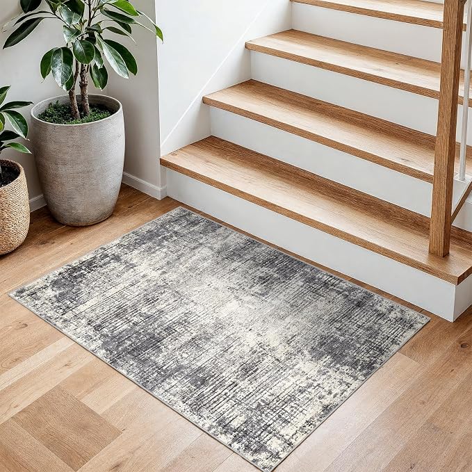 Washable Entryway 2x3 Area Rug: Small Abstract Kitchen Rugs for Indoor Bathroom Entrance Non Slip Door Mat with Rubber Backing Ultra Thin Soft Carpet for Bedroom Pet Feeding Area (Gray Beige,2x3)