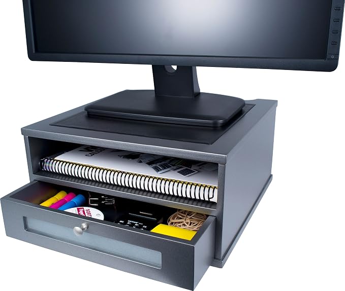 Victor Monitor Riser with Drawer and Storage Shelf - Wood Monitor Stand Desk Organizer with Faux Leather Top, Organize Office Supplies, 13 x 13 x 6.5-Inches, Classic Silver