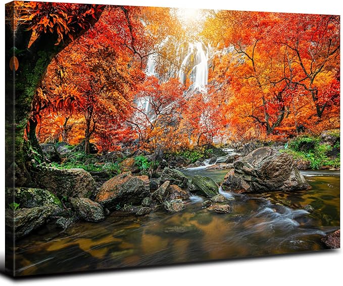 Waterfall Wall Art Sunset Nature River Landscape Picture Bedroom Decor 24x36" Autumn Forest Mountain Canvas Kitchen Modern Artwork Burnt Orange Maple Tree Scenery Painting Living Room Home Decoration