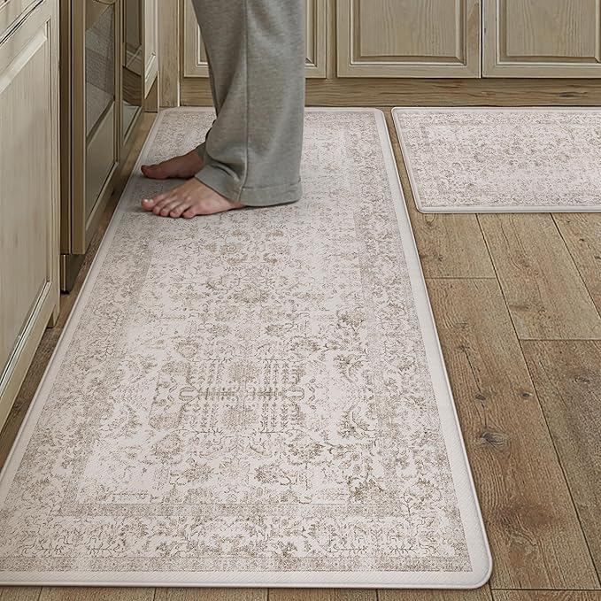 Kitchen Mats 2PCS Anti Fatigue Cushioned Mat Light Brown Vintage Kitchen Mats for Floor Waterproof Non Slip Comfort Standing Retro Floral Rug for Sink Laundry Office 17.3"x47"+17.3"x30"