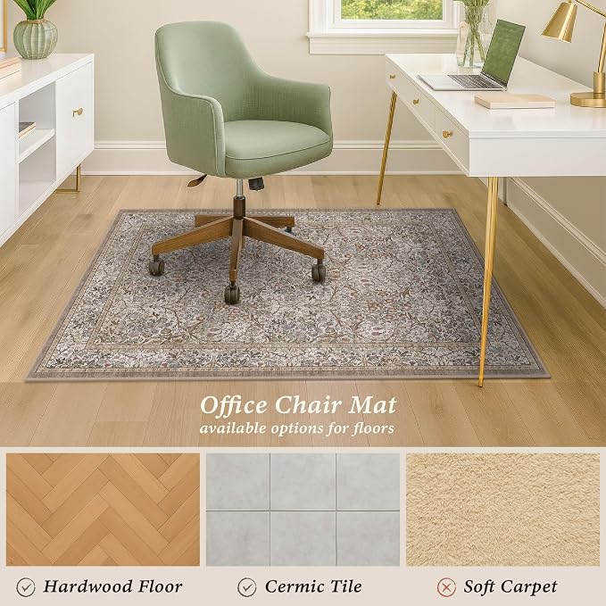 JTJ Washable 3'x4' Moss Office Chair Mat for Hardwood Floors, Non-Slip Low Pile Desk Rug, 36"x48" Small Area Rug for Computer Desk Home Office, Machine Washable WFH Essential for Dorm Room
