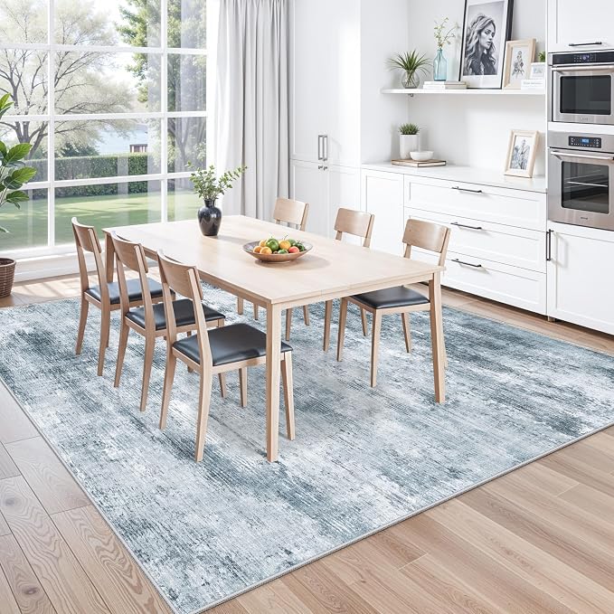 10x10 ft Square Living Room Rug – Washable Modern Abstract Area Rug for Bedroom, Dining Room, Playroom – Neutral Non-Slip Low-Pile Thin Indoor Carpet (Misty Blue Gray)