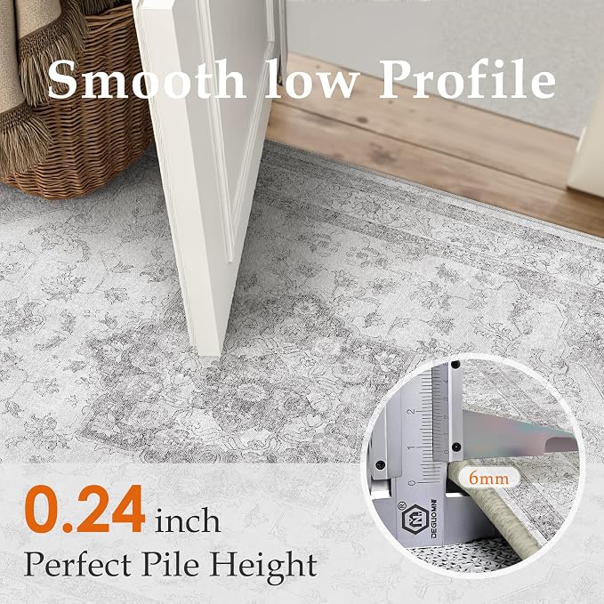 PureCozy Grey Gray Area Rug 2x3 Washable Vintage Small Carpet for Entryway Kitchen Soft Retro Low Pile Thin Door Mat Non Slip Oriental Medallion Throw Rug for Bathroom Office Bedroom Dining Room
