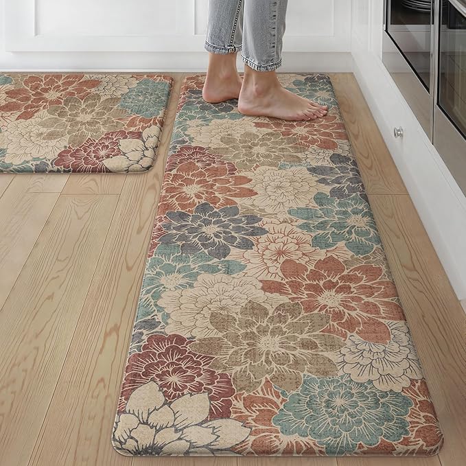 GENIMO Anti Fatigue Kitchen Mats for Floor 2PCS, Cushioned Standing Mats | 17.3"x59"&17.3"x30", Brick red vintage floral rug set, waterproof, non slip, eeasy-clean for farmhouse